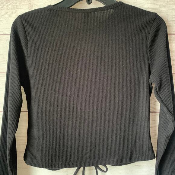 Wild Fable Black Crop Top Shirt with Keyhole Front Tie String Long Sleeves Small - Picture 6 of 12